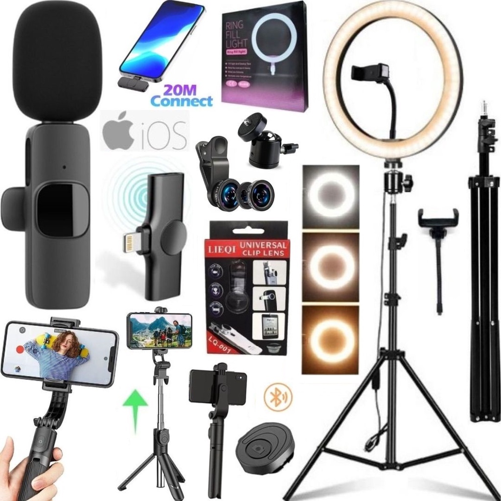 Kit Filmagem Ring Light Tripé Microfone Sem Fio Para Iphone Bastão Gravação Vídeo