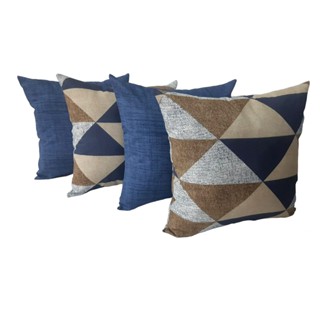KIT 4 CAPAS ALMOFADAS 45 x 45 cm 2 ESTAMPADAS GEOMÉTRICAS AZUL E BEGE E 2 AZUL COM RISCOS E COM ZÍPER ESCONDIDO