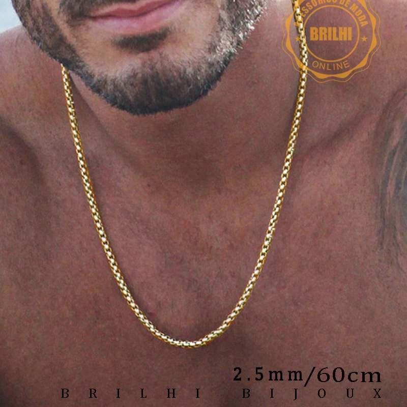 Corrente fina de contas de aço inoxidável em tom dourado em Oferta na Shopee