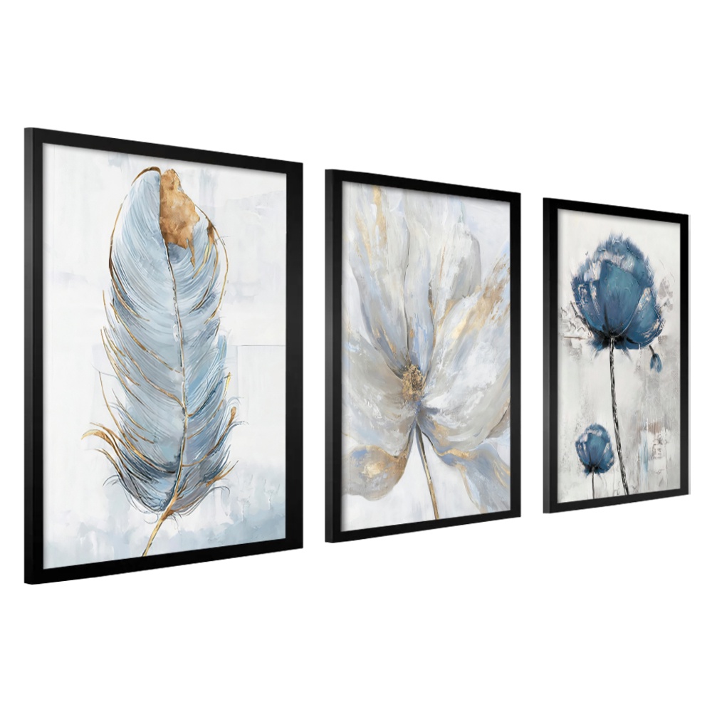 Kit 3 Quadros Decorativos Sala Flor 40X60 Com Moldura