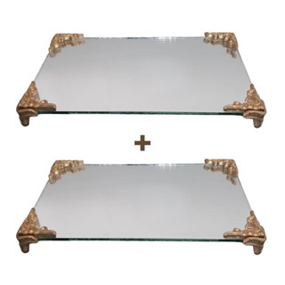 Kit 2 Bandejas Espelhadas Luxo Lavabo Dourada