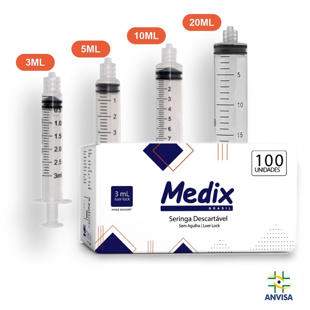 Caixa Seringa Descartável Luer Lock Rosca Medix - 3, 5, 10, ou 20ML Sem Agulha 100un ou 50un