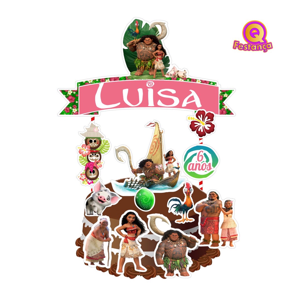 Topo de Bolo Moana Personalizado - Decoração para Bolo de Aniversários, Topper para Bolo, Bolo, Boleira, Itens para Festa, Itens para Bolo, Confeitaria, Confeiteira, Tema de Festa Moana, Semideus Maui, Oceano