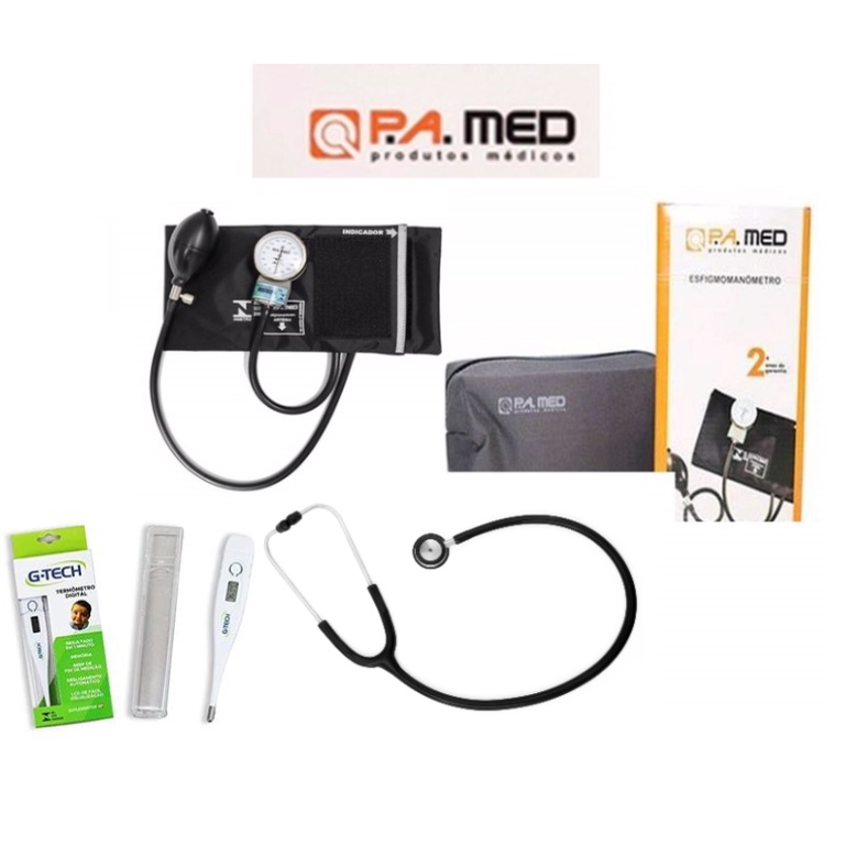 Kit Esfigmomanômetro + Estetoscópio Duo Bic P.A.MED com Bolsinha e mais um termometro digital