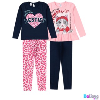 Kit com 2 conjuntos de blusa manga longa e calça legging meia Estação Roupa Menina