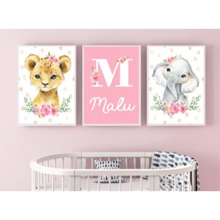 Quadros Decorativos Kit Safari Menina Aquarela com o nome do seu baby