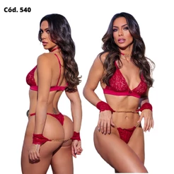 Conjunto Lingerie Amor Proibido Com Calcinha Ajustável Sutiã Em Renda E Algemas Dna Cod: 540