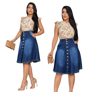 Saia Jeans Curta Gode Rodada Moda Cristã Eloah