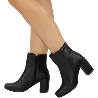 Coturno Feminino Salto Alto Grosso Bico Quadrado Calce Fácil Zíper Bota Confortável Cano Curto Macio Fashion Botinha