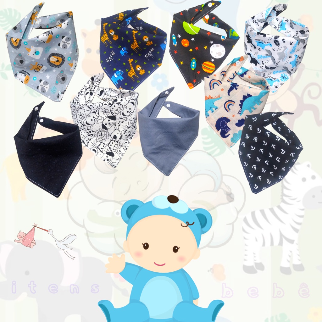 kit 6 babador bandana babeiro Dupla  Camada Tecido  menino com 2 botões