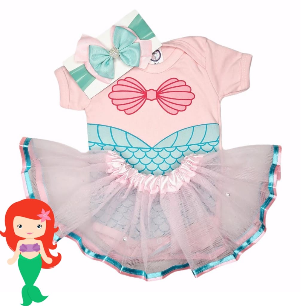 Body Bebê Pequena Sereia + Saia Tule + Laço Temático Mesversario Bebe Menina Fantasia Princesa Ariel – Kit