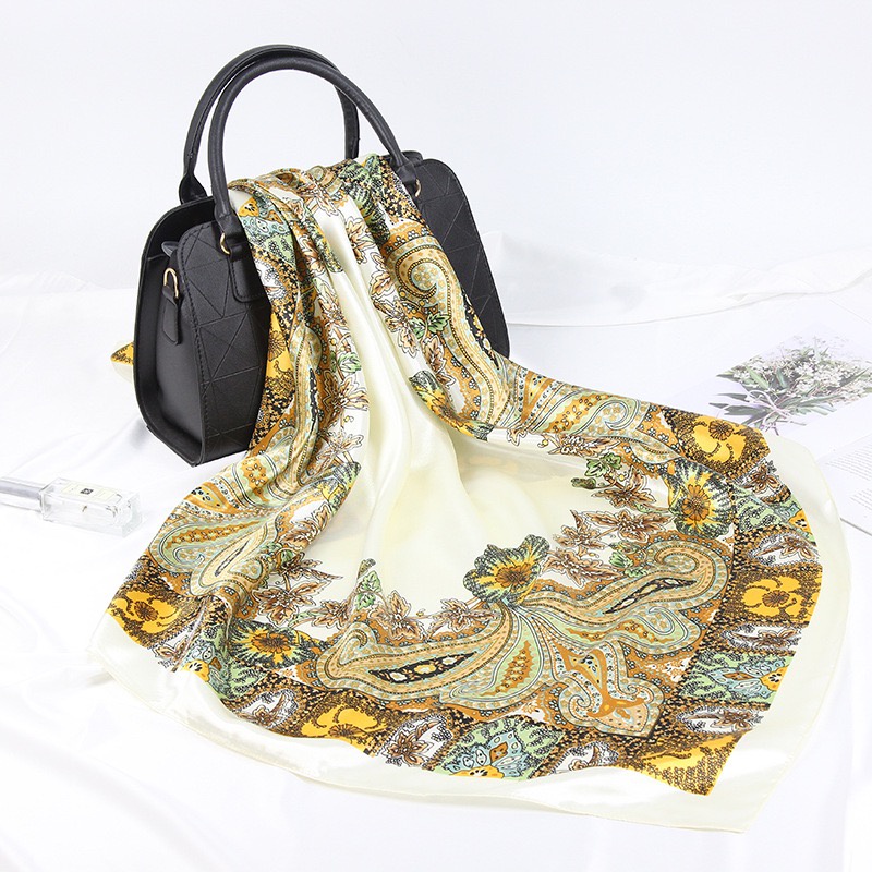 Lenço De Seda Cetim Retrô Estampado Feminina 90cmx90cm
