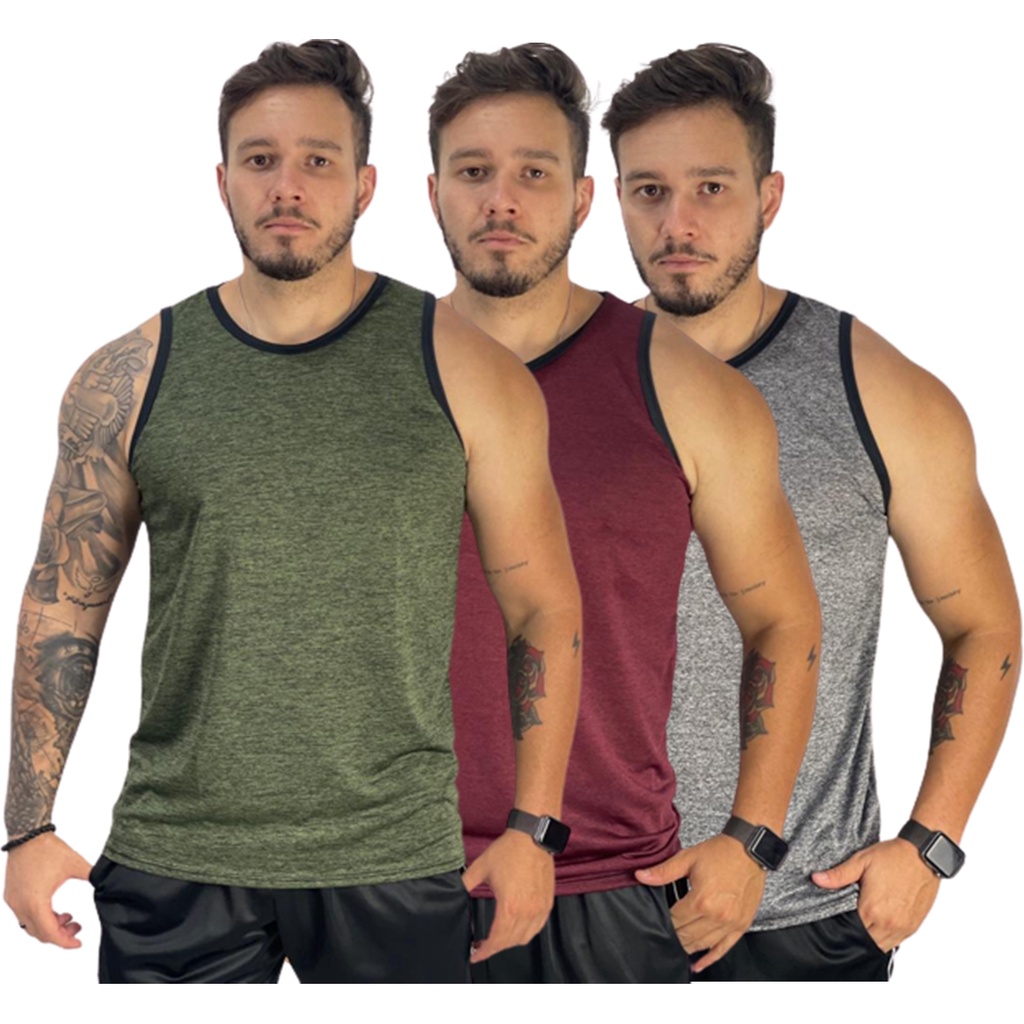 KIT 3 CAMISETAS REGATAS MASCULINAS BASICAS LISAS COLORIDAS ESPORTES GERAL ALGODAO E POLIESTER