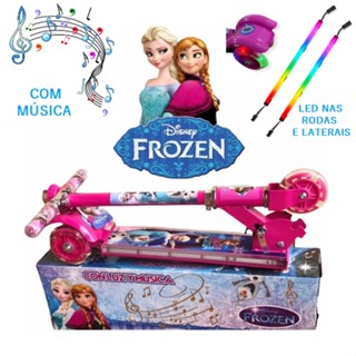 Patinete Infantil Musical de Ferro Rosa Menina Frozen Com Led nas Laterais e Nas Rodas Dobrável Buzina + Surpresa