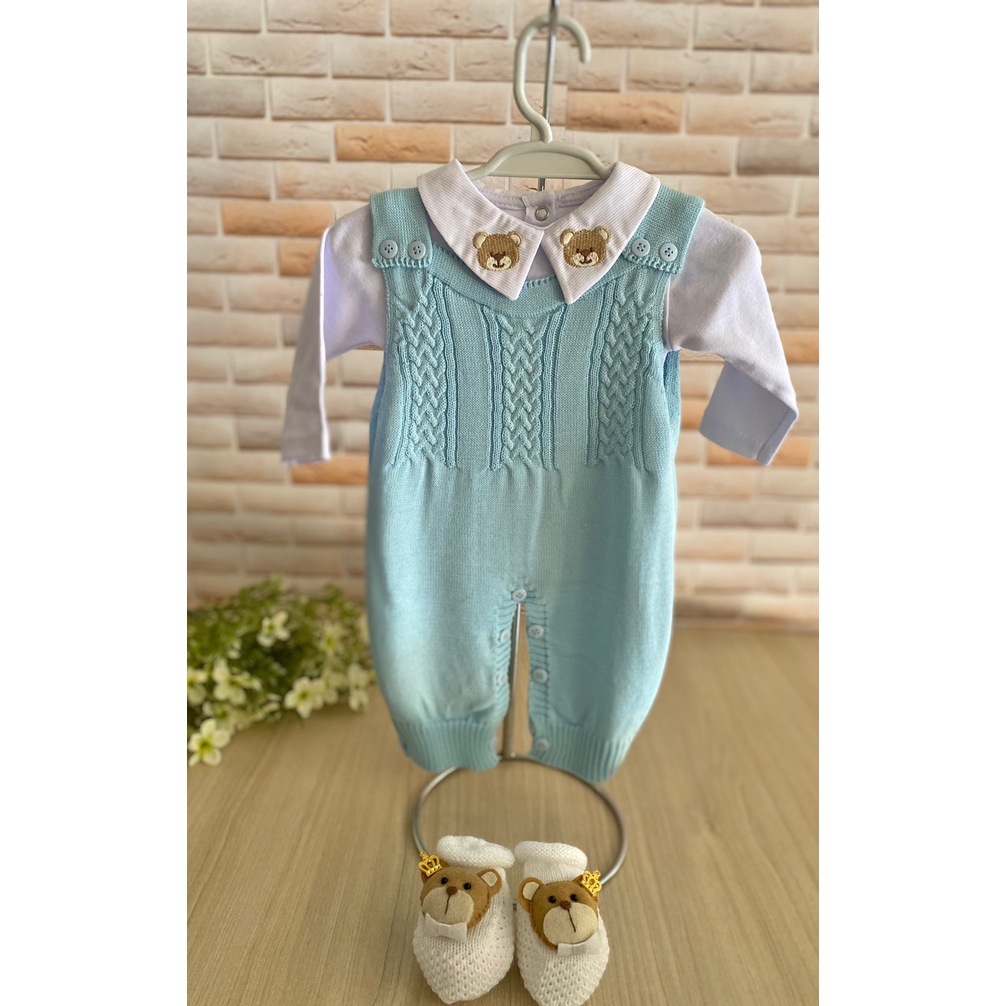 Saída de Maternidade Menino Jardineira Azul Bebê Urso Tricot 3 Peças em Oferta na Shopee