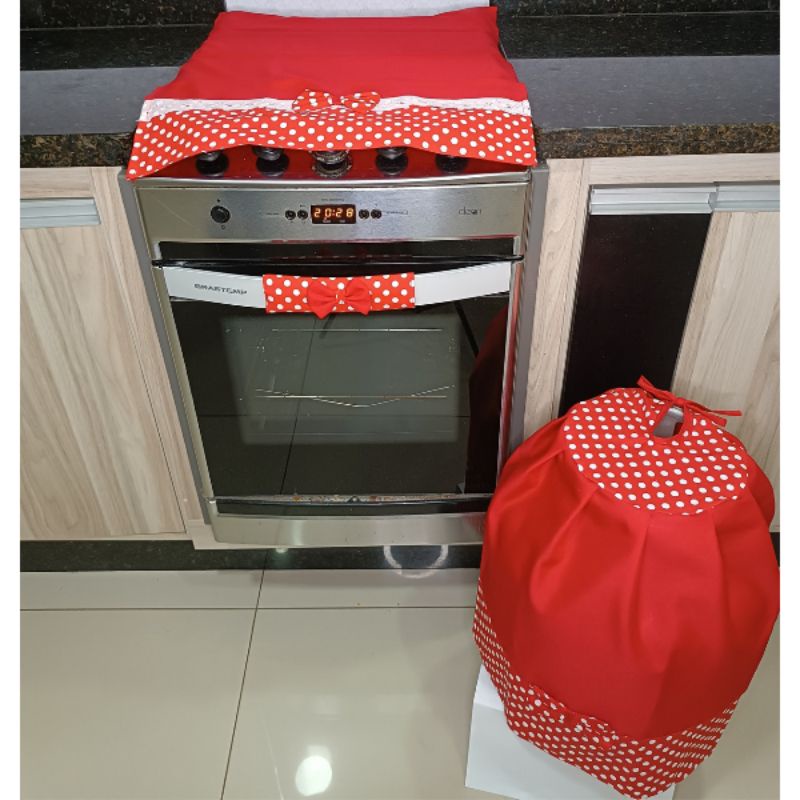 Jogo de Cozinha kit 3 pçs ( Pano fogão 4B + Protetor de puxador + Capa Botijão)