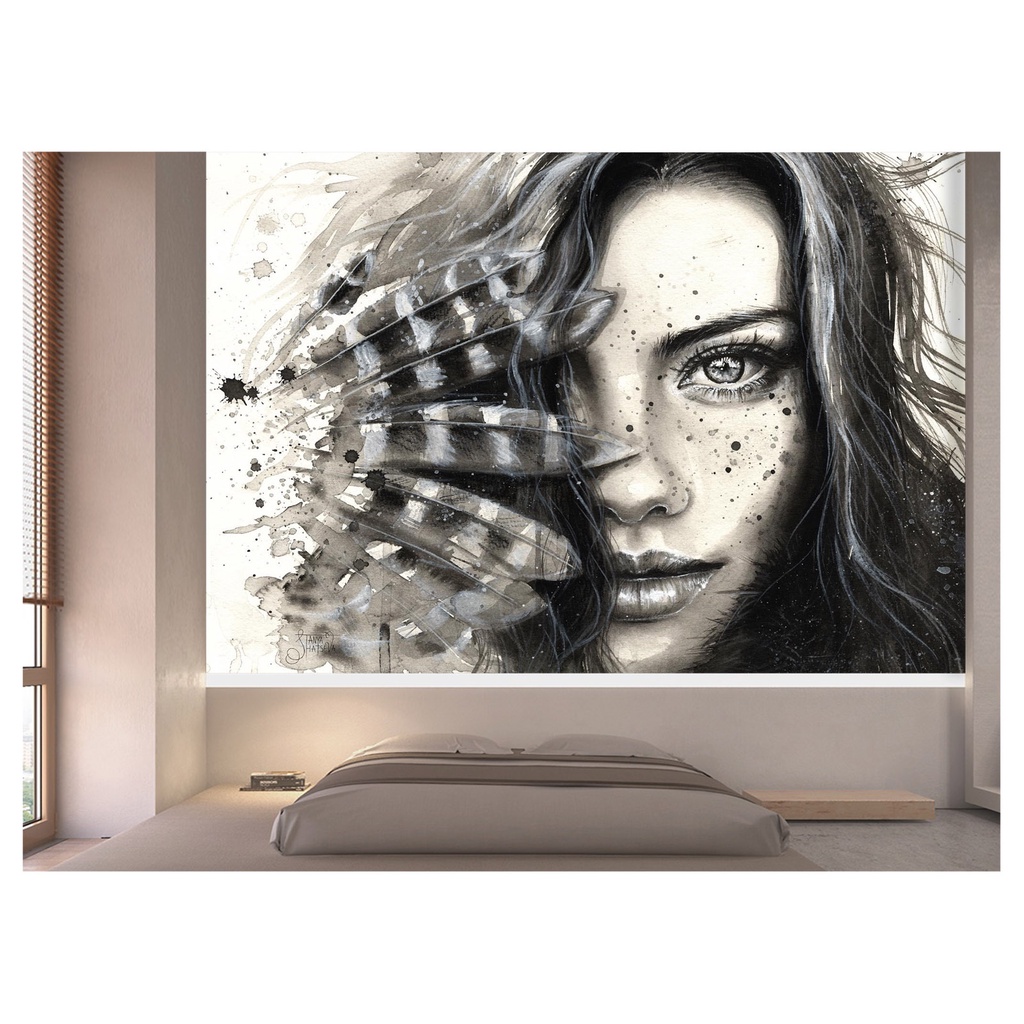 Adesivo Decorativo Papel de Parede Decoração Rosto de Mulher Pena India Salão Sala Arte TRA038