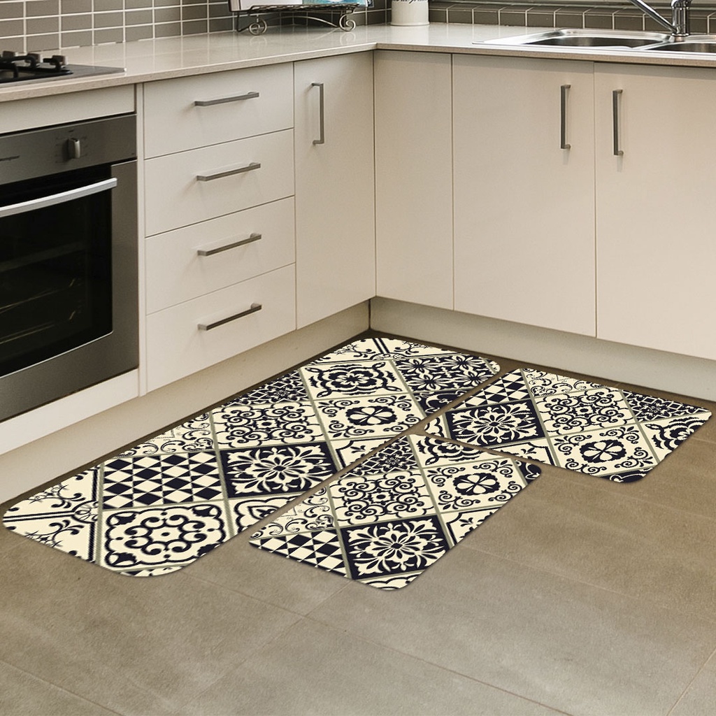 Kit Jogo 3 Peças de Tapete para Cozinha Azulejo Preto Antiderrapante Dcorô