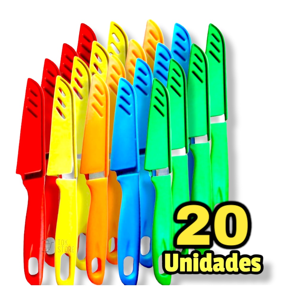 Kit 20 Facas Cozinha Afiada Lâmina Aço Inox  Faquinha Colorida Com Capa Protetora