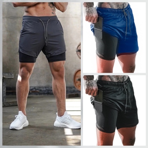 Kit com 3 Bermudas Masculinas Academia 2 em 1 com Cueca embutida de Microfibra, Suporte para Celular e Cordão de Ajuste