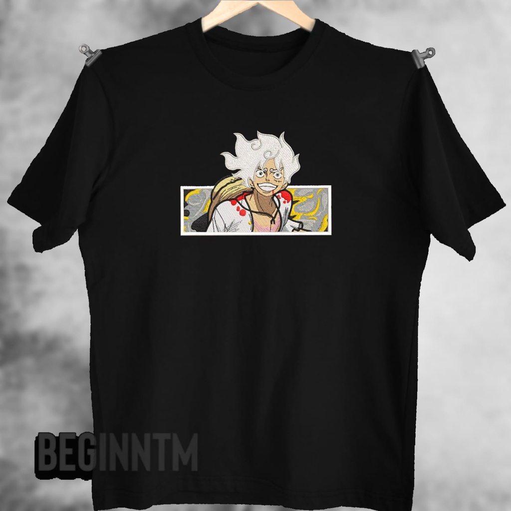 Camiseta Luffy Gear 5 Bordado 100% algodão 30.1 Penteado Camisa One Piece Anime