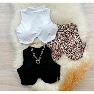 Blusa Cropped Aro Gola Alta Manga Curta Bloguerinha Gringa Com Bojo RF:015