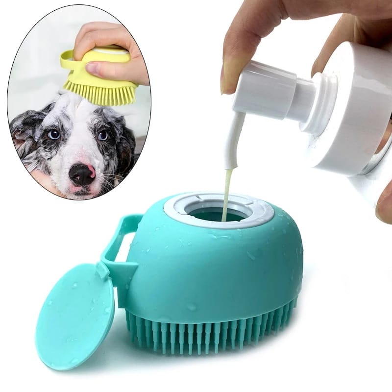 Escova de Banho Com Dispenser Porta Shampoo Sabonete Lava Pelo Pet Banho Cachorro Gato Urso Corporal P/ Adultos Crianças Massageador