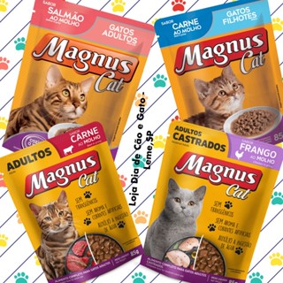 Kit 5, 10, 15, 20 Sachês Magnus Cat 85g - Sabor Salmao, Carne e Frango - Ração Úmida para Gato