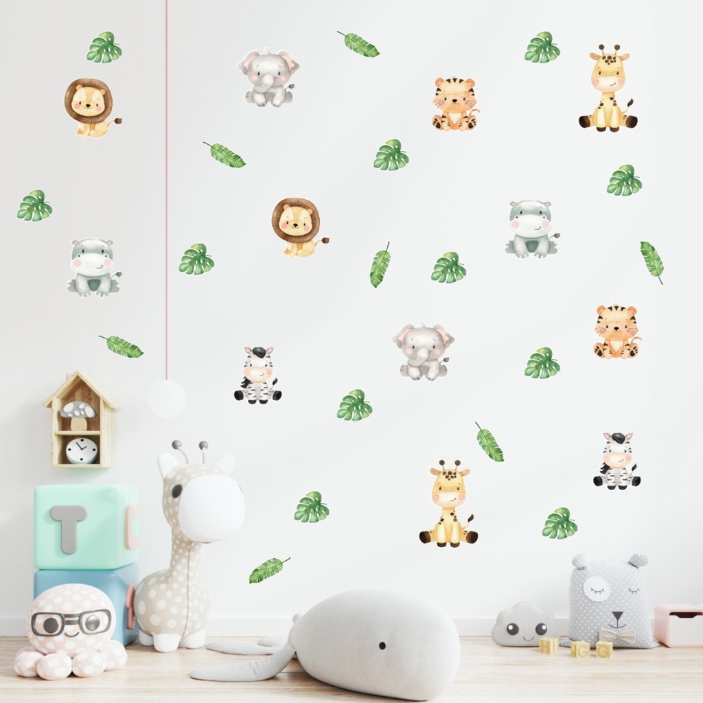 Adesivo de Parede Safari Aquarela, bichinhos e folhas decoração quarto de bebe selva savana