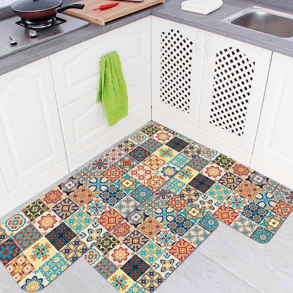 Kit Jogo 3 Peças de Tapete para Cozinha Azulejo Colorido Antiderrapante Dcorô