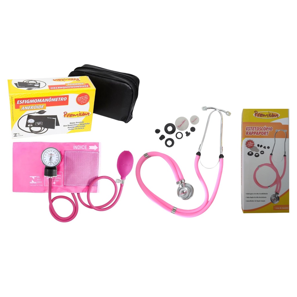 kit estetoscópio rappaport adulto e infantil com esfigmomanômetro rosa premium