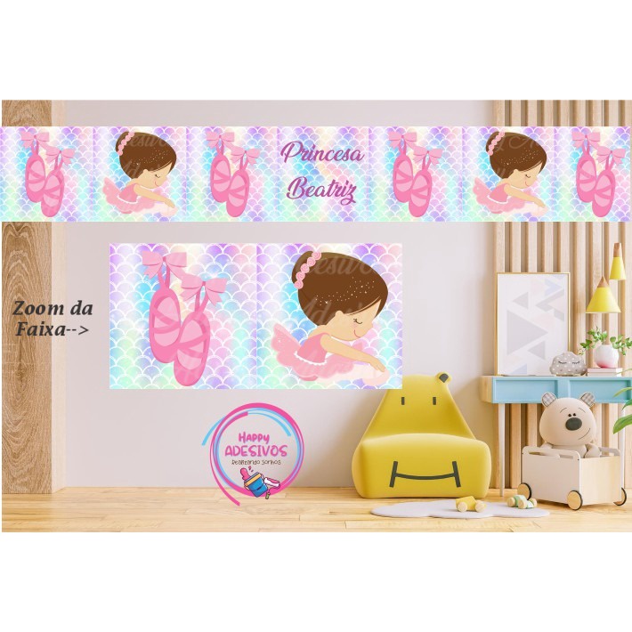Faixa Adesiva Decorativa para Parede Faixa Infantil de Parede Menina Baby Bailarina Sapatilha Personalizado com Nome