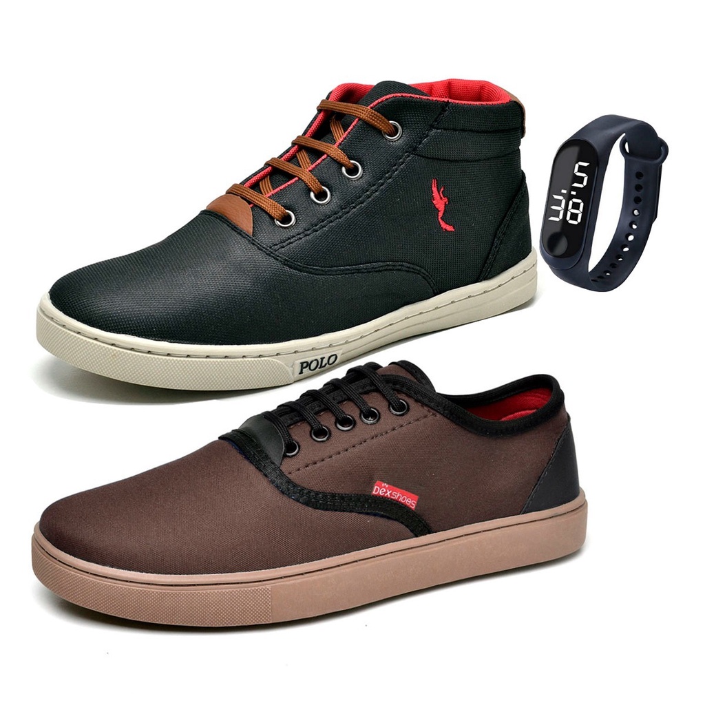 Kit 2 Pares Tênis Casual Masculino Mesclado Infantil Juvenil em Tecido com Relógio Digital