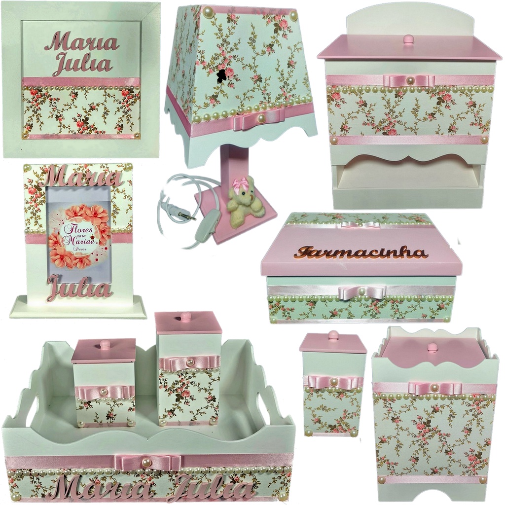 Kit Higiene bebê Mdf 10 peças - BRANCO FLORIDO PEROLAS TAMPAS ROSA