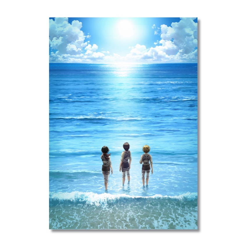 Attack on Titan Quadro Eren Mikasa e Armin no mar poster mdf A4