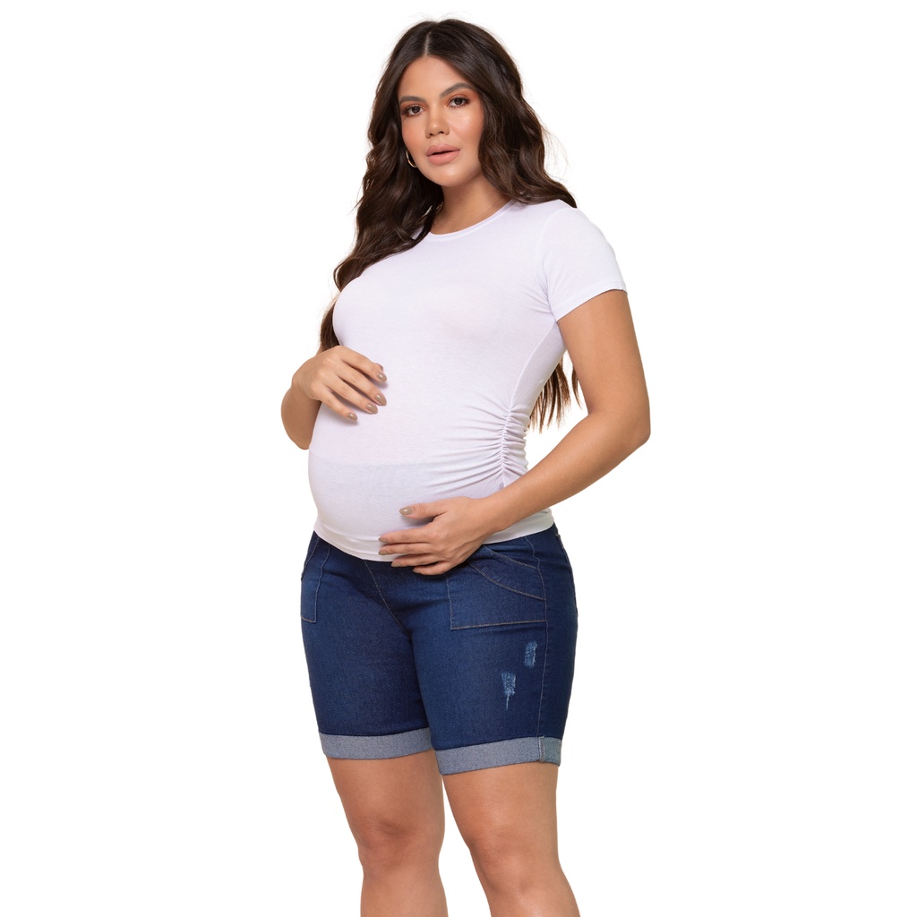 Bermuda Jeans Feminina para gestantes com cós anatômico confortável