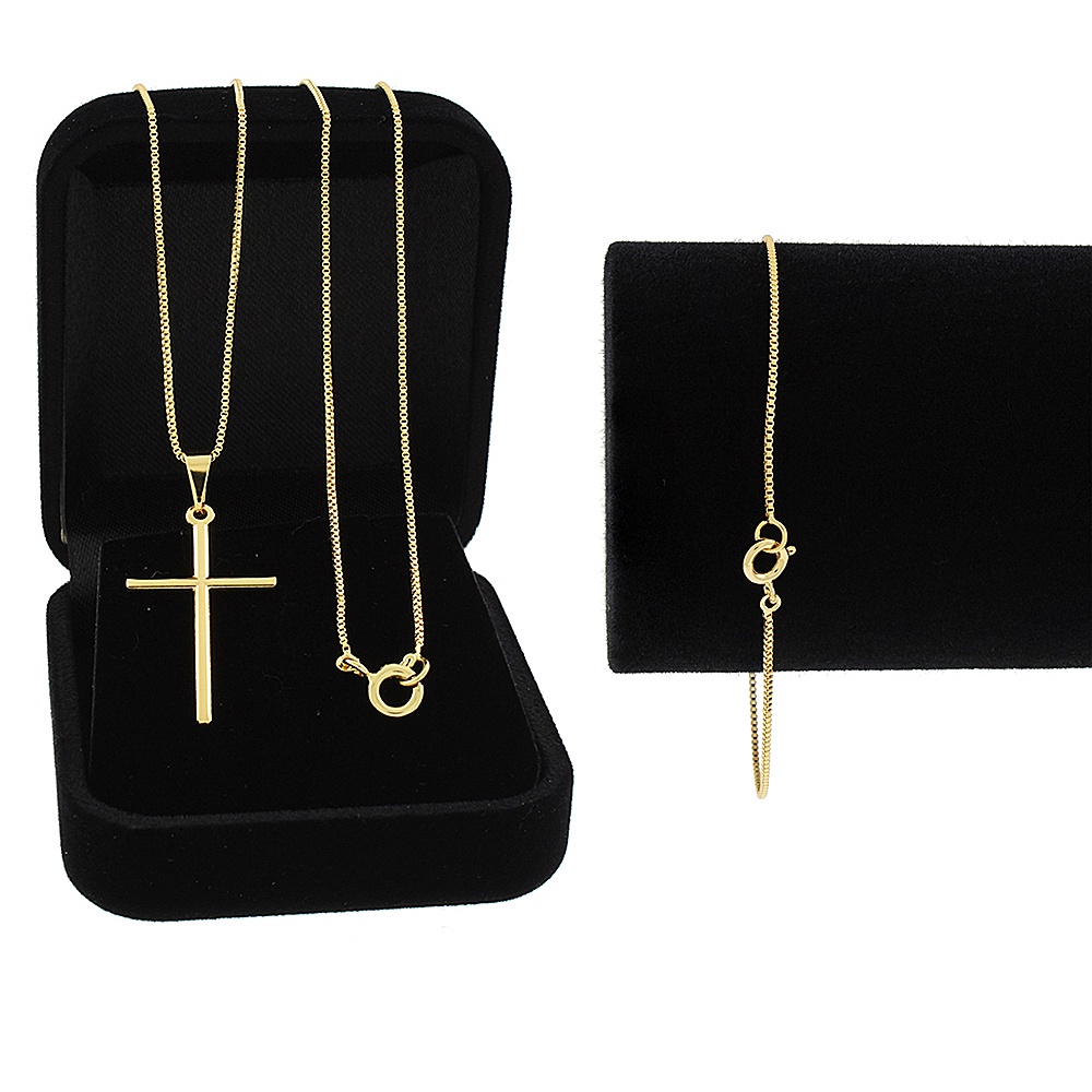 Corrente Cordão Masculino 70cm Banhado a Ouro 18k com Pingente Cruz Palito e Pulseira