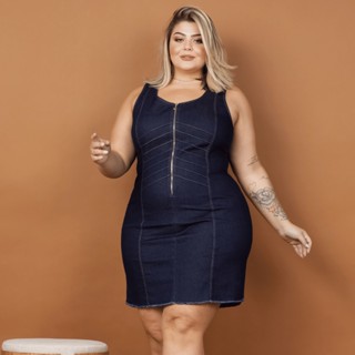Vestido Jeans Feminino Plus Size Tubinho com Lycra Coladinho Cavado Curto