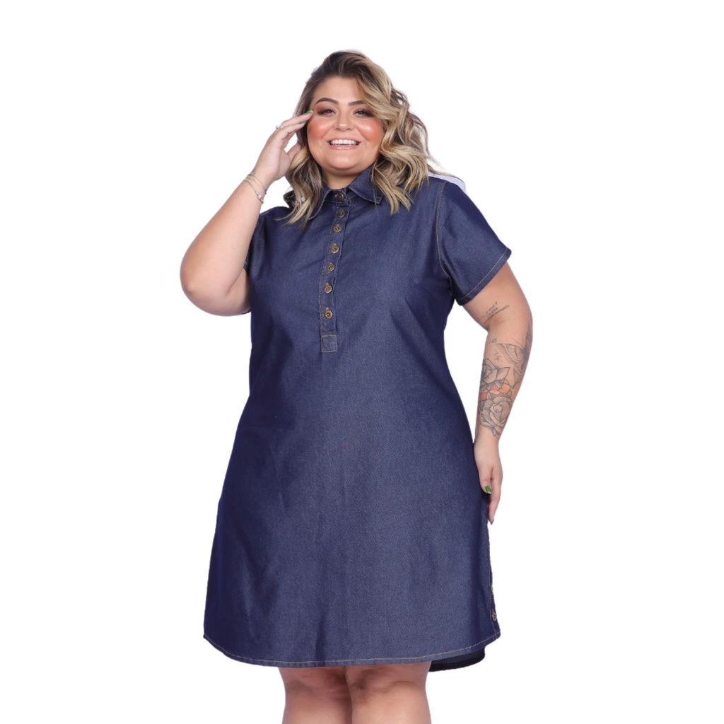 Vestido Jeans Feminino Plus Size Evangélico Chemise com Manga Soltinho Senhora em Oferta na Shopee