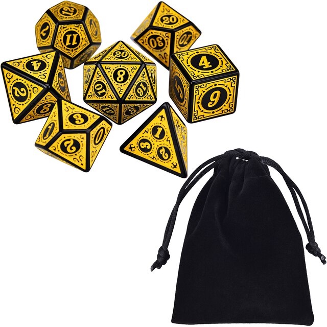 Kit 7 Dados RPG Amarelo D&D Runas D4 D6 D8 D10 D10% D12 D20 Acessório Jogos Mesa