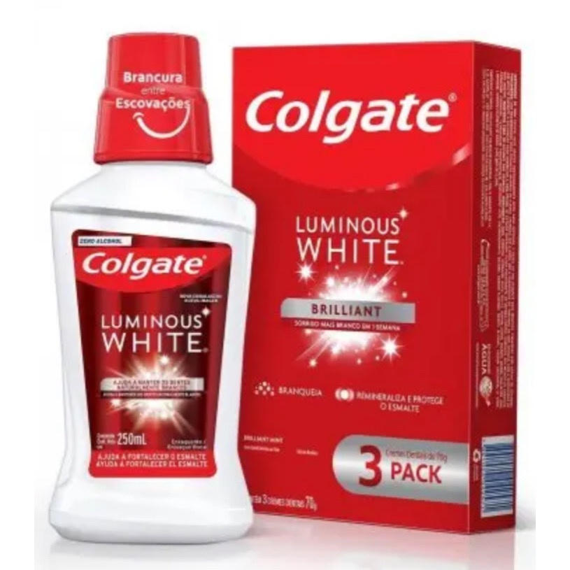 Kit Colgate luminous white 3cr dental ganhe 1 enxaguante bucal 250ml