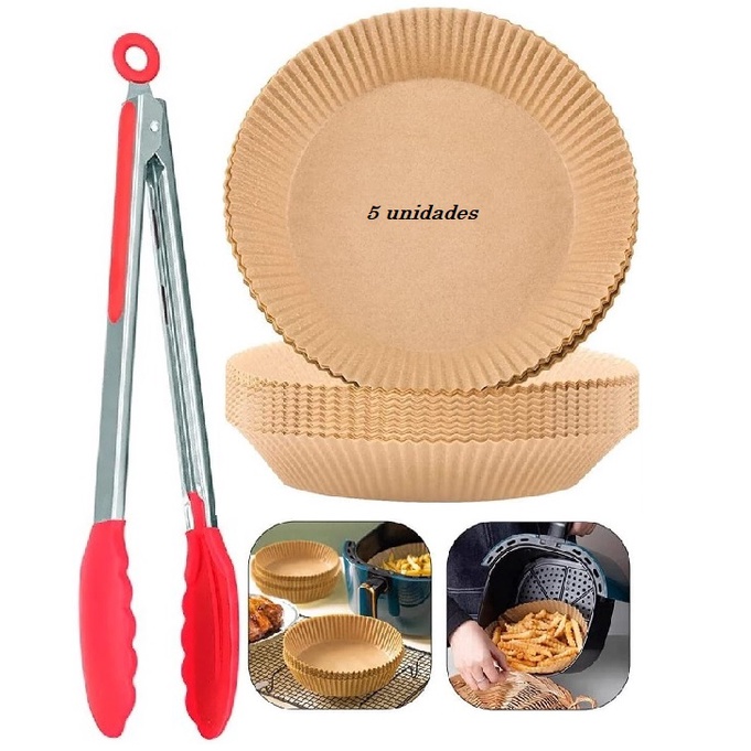 Forma para fritadeira air fryer 05 unidades papel descartaveis + pegador pinça multiuso