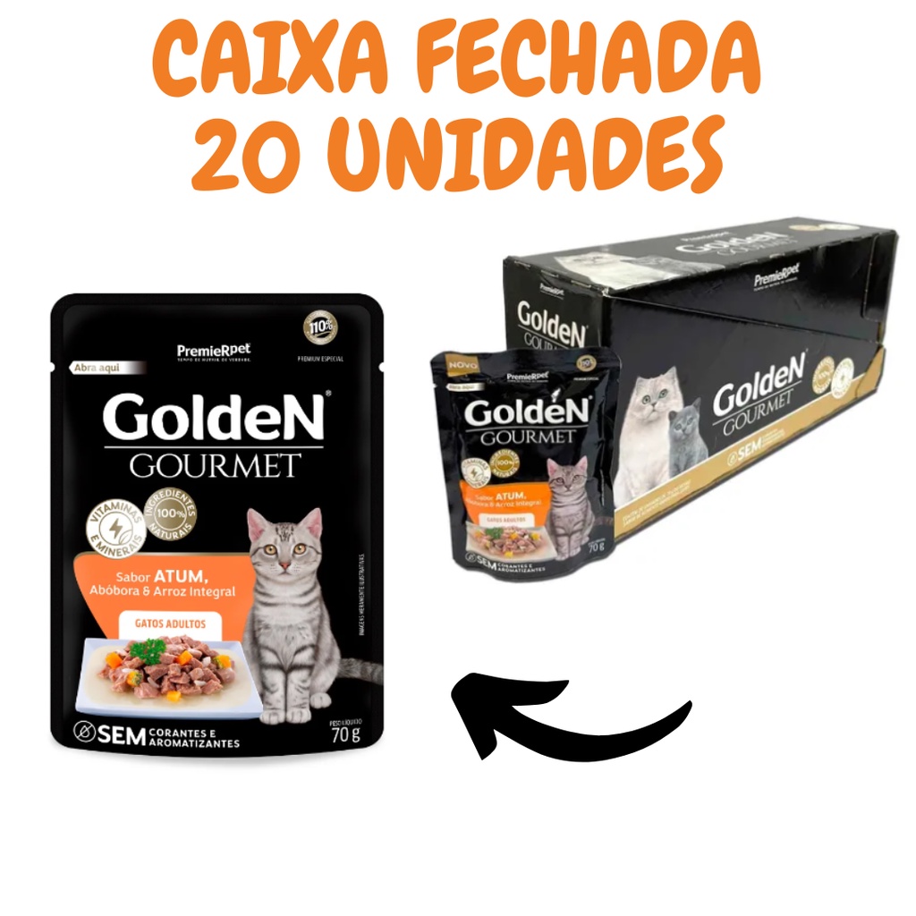 Ração Úmida sachê Golden Gourmet para Gatos Adultos Sabor Atum 70g - caixa fechada 20 unidades em Oferta na Shopee