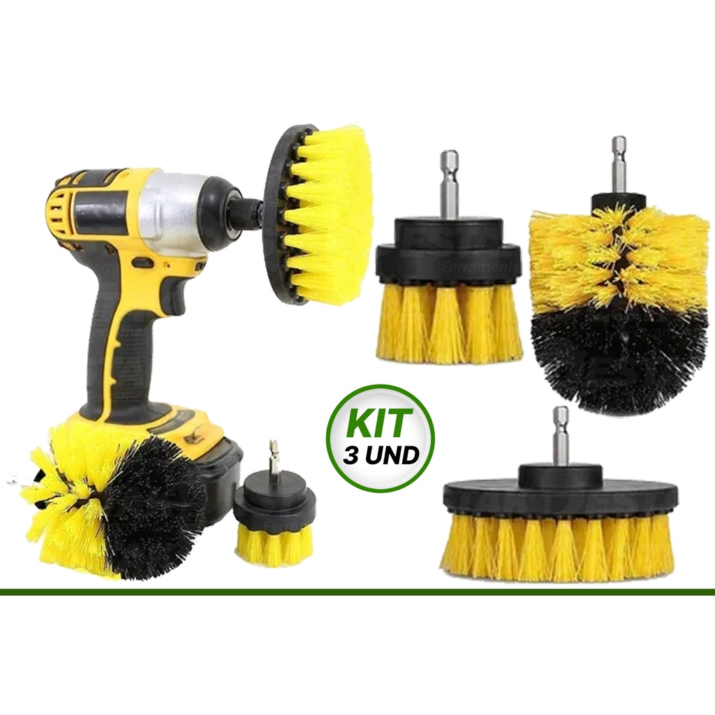 Kit 3 Escovas Rotativas Para Limpeza Pesada Rodas Bancos Carpetes Tapetes Furadeira Parafusadeira
