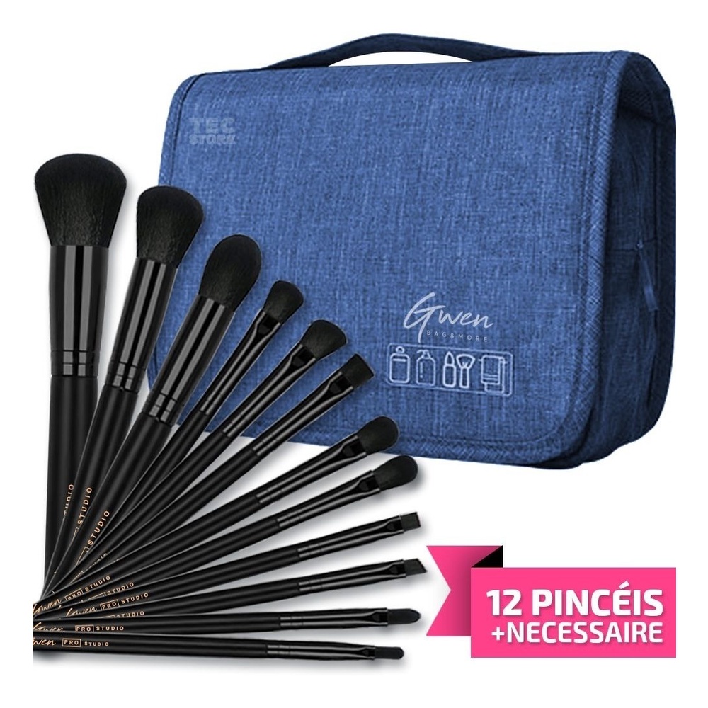 Necessaire Bolsa Organizador + Kit 12 Pinceis de Maquiagem Kabuki Pincel Blush Base Esfumador Corretivo Delineador