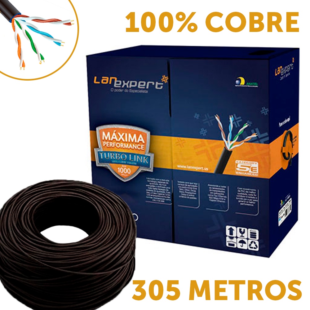 Cabo De Rede Lan Expert 4 Pares 100% Cobre Cat5e Utp Preto Cx 305m