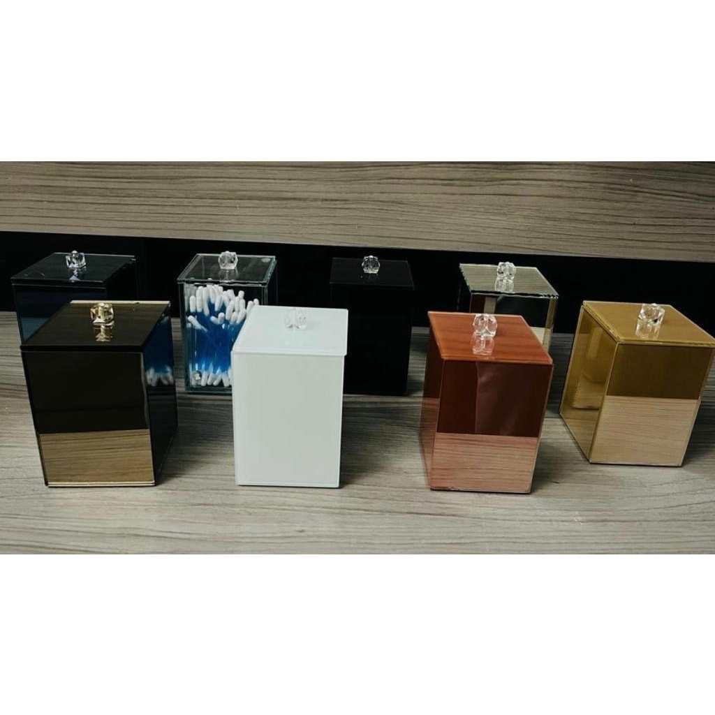 Porta Cotonetes Com Tampa Vidro Branco Preto Rose Dourado Bronze Espelhado Lavabo Banheiro Casa