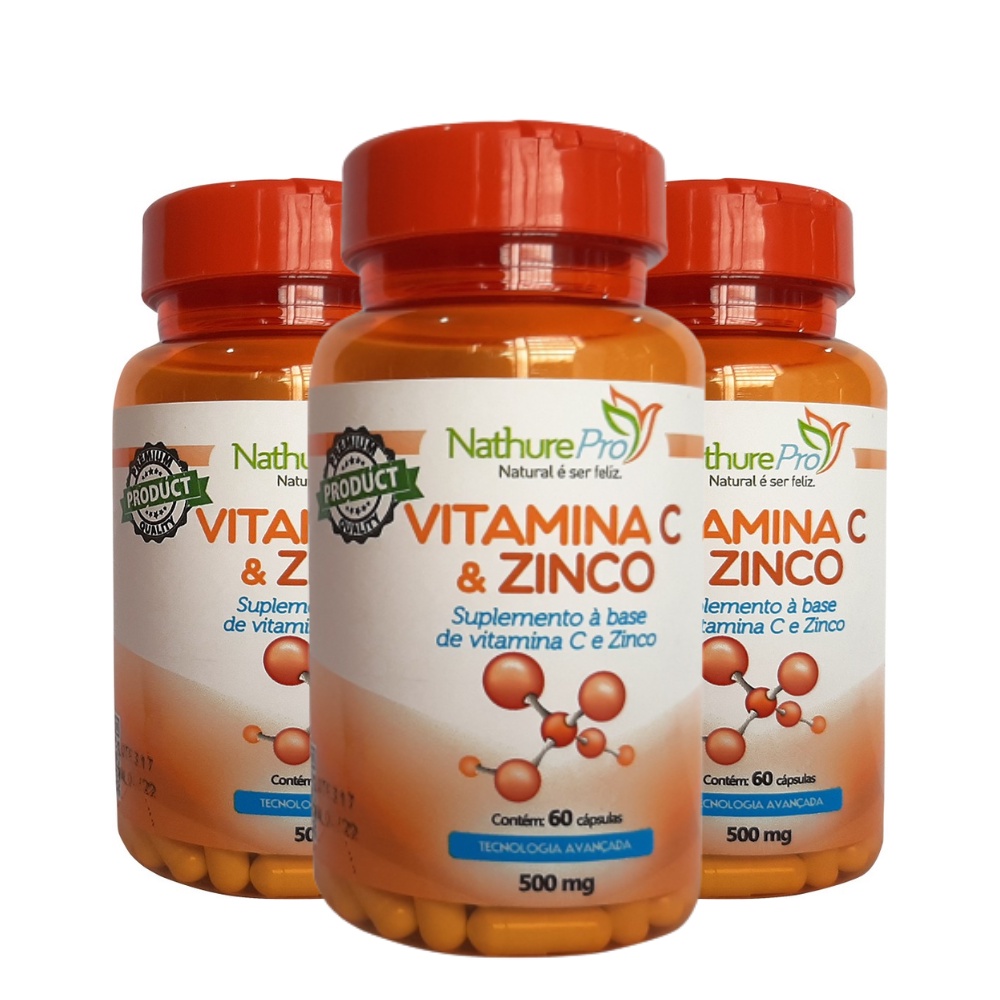 Kit 3 Vitamina C com  Zinco NathurePro Imunidade 60 Cáps 500mg