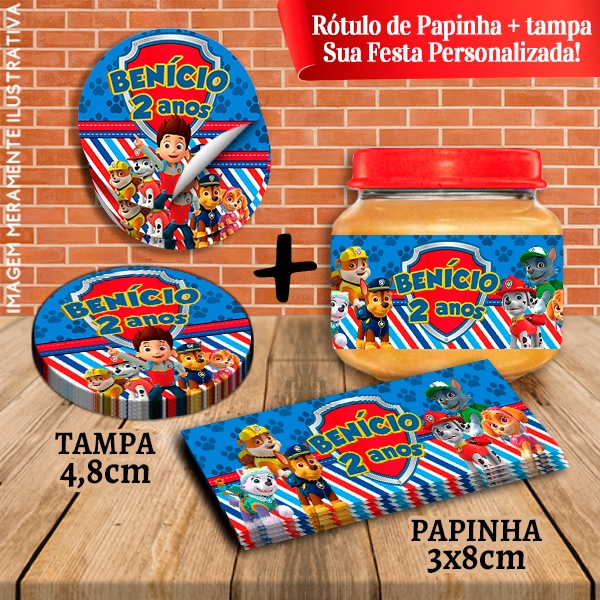 Kit com 10 pares Rótulos Adesivos de Potes e Tampas de Papinha 120g Patrulha Canina