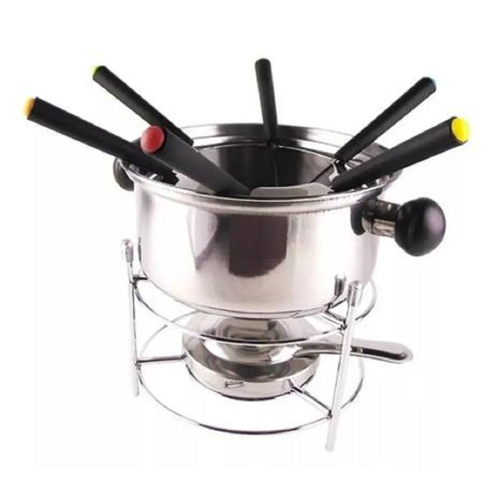 Fondue Kit Aço Inox 10 Pçs Fogareiro Panela Chocolate Queijo Aparelho Cozinha Gourmet